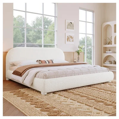 Cream Boucle Upholstered Queen Bed Frame with Curved Headboard | Wayfair North America