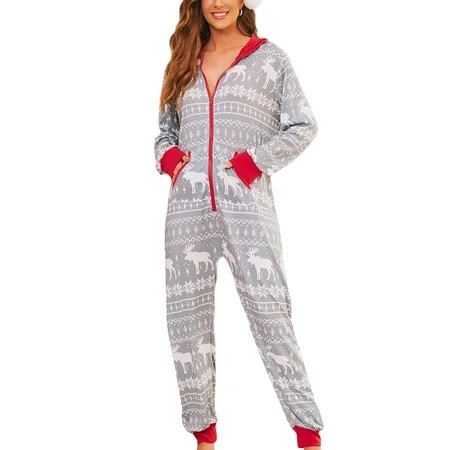 Women One Piece Christmas Pajamas Cozy Onesie Zip Up Hooded Sleepwear Jumpsuit Rompers Nightwear Lad | Walmart (US)