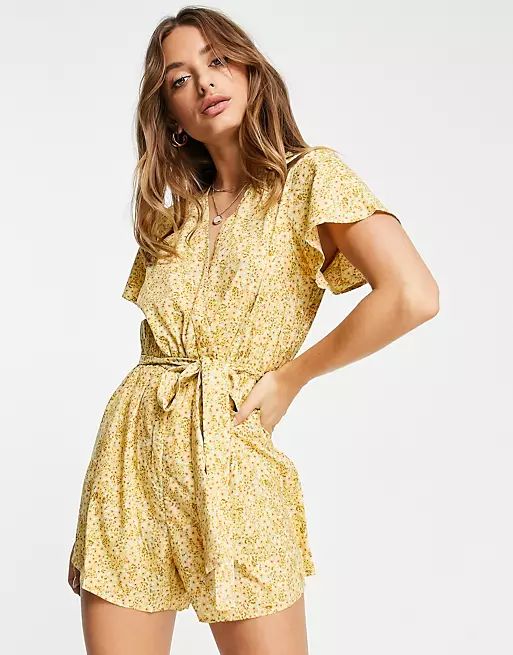 Vero Moda v-neck romper in yellow floral | ASOS (Global)