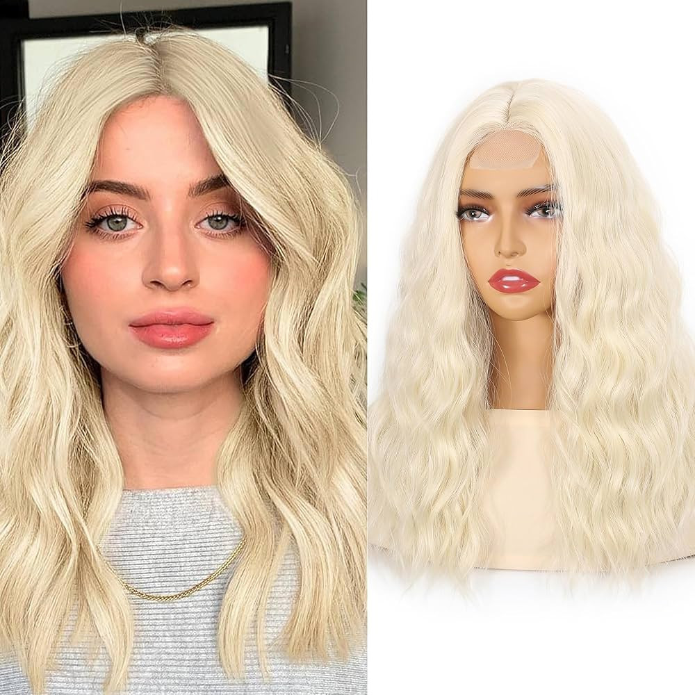 613 Wavy Bob Wig Glueless Lace Front Synthetic Wig For Women Middle Part Platinum Blonde Cosplay ... | Amazon (US)