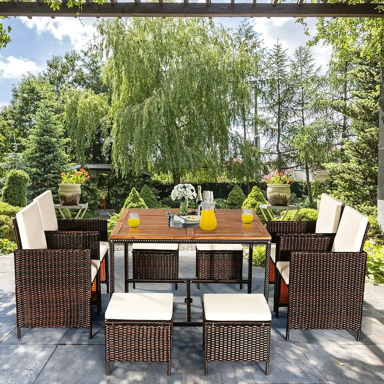 Costway 9PCS Patio Rattan Dining Set Cushioned Chairs Ottoman Wood Table Top White | Walmart (US)