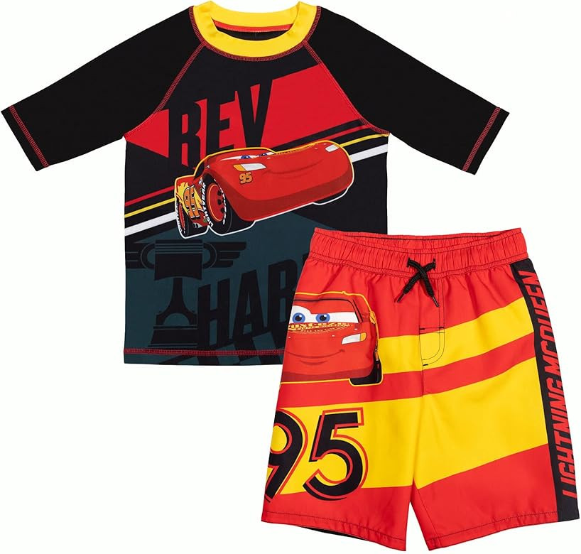 Disney Pixar Cars Lightning McQueen Rash Guard and Swim Trunks Outfit Set Toddler to Little Kid | Amazon (US)