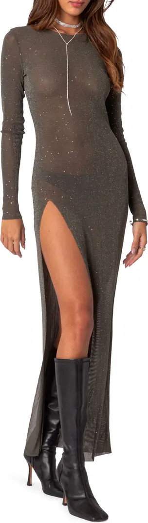EDIKTED Glitter Side Slit Long Sleeve Mesh Maxi Dress | Nordstrom | Nordstrom