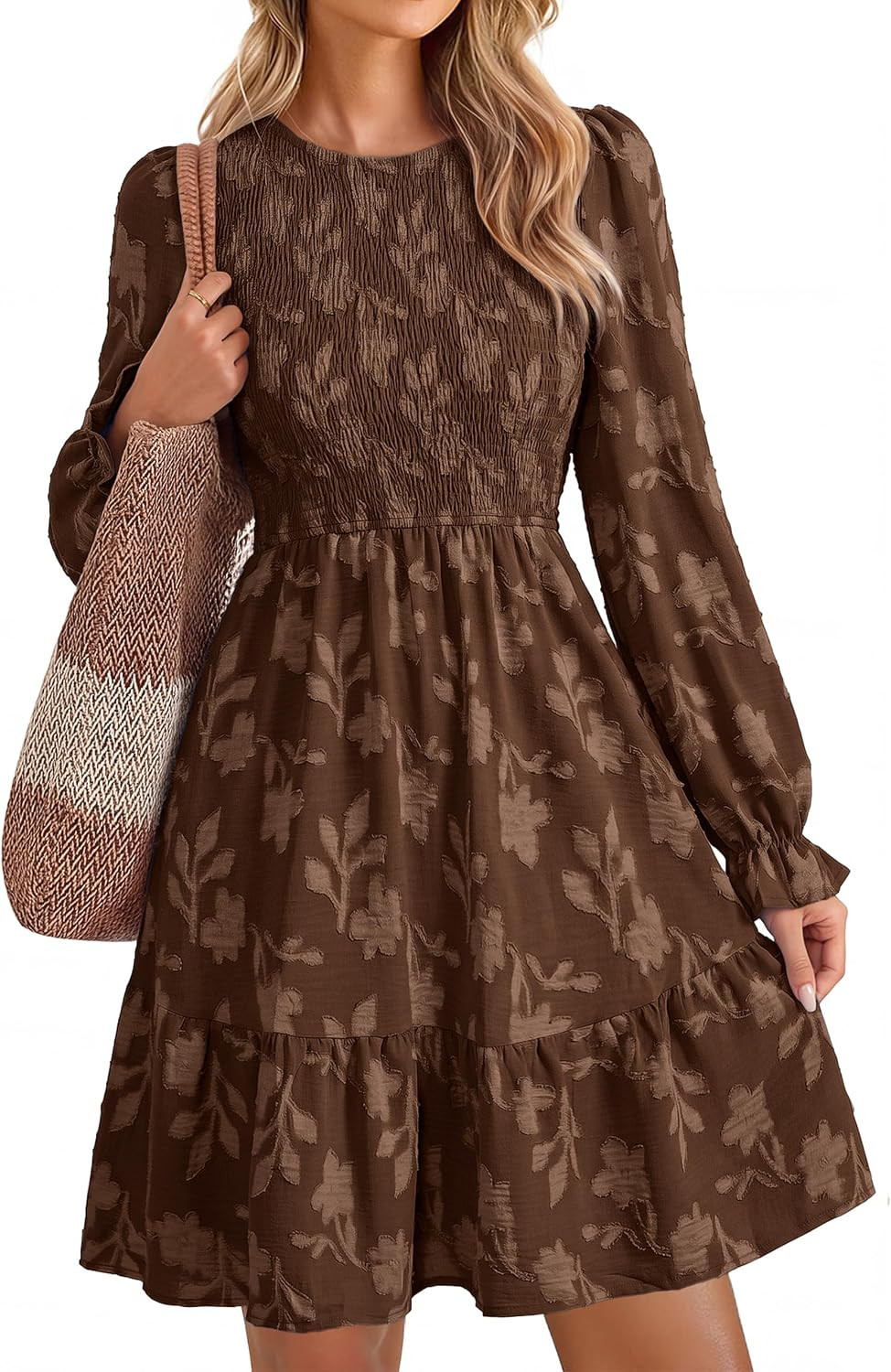 Simplee Womens Long Sleeve Mini Dress Smocked Fall Dresses | Amazon (US)