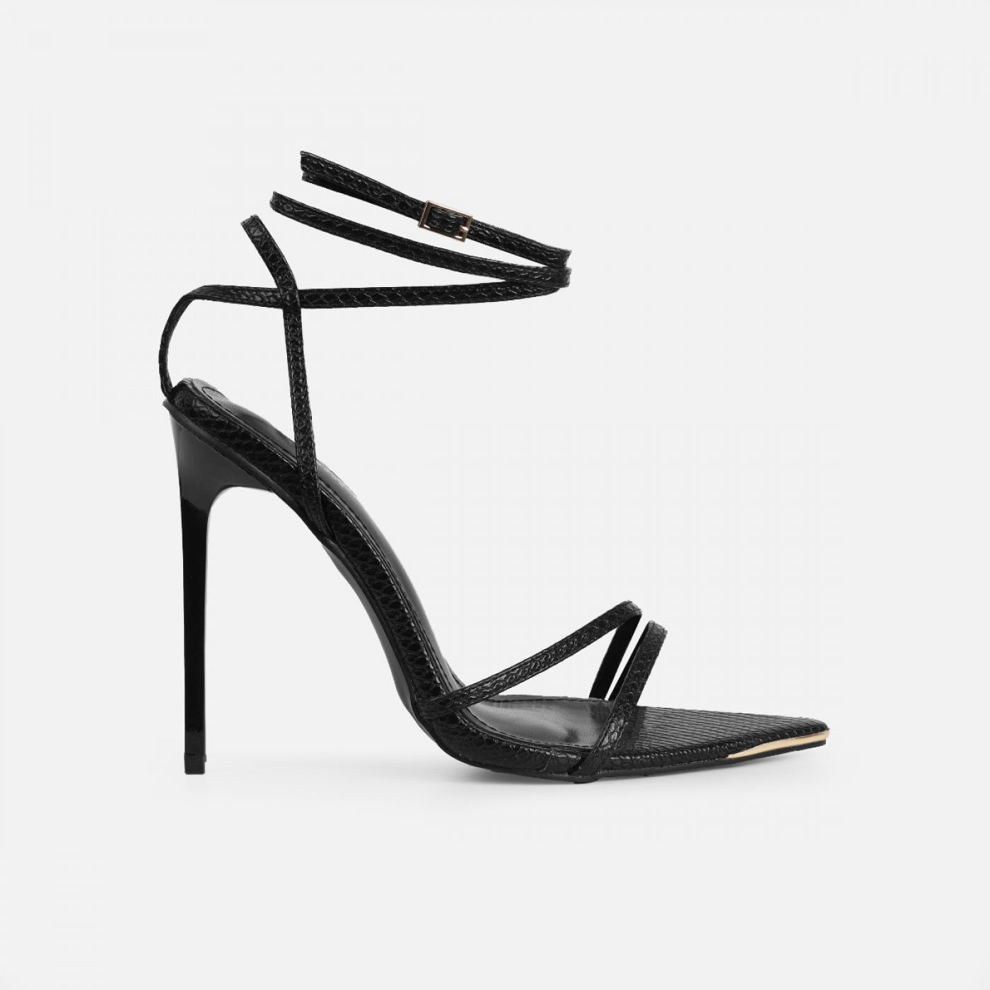 Rubi Black Faux Snake Print Strappy Stiletto Heels | Simmi Shoes