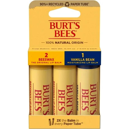 Burts Bees Original Beeswax and Vanilla Bean Moisturizing Lip Balm Pack 3 Paper Tubes 0.34 Ounce Each | Walmart (US)