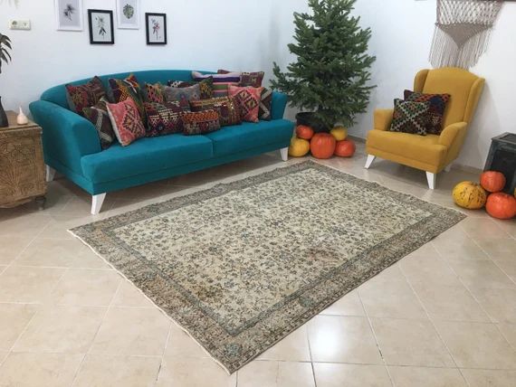 turkish area rug , vintage rug ,5.4 x 8.3 ft ,  oushak rug , knotted rug , bedroom rug , kids roo... | Etsy (US)