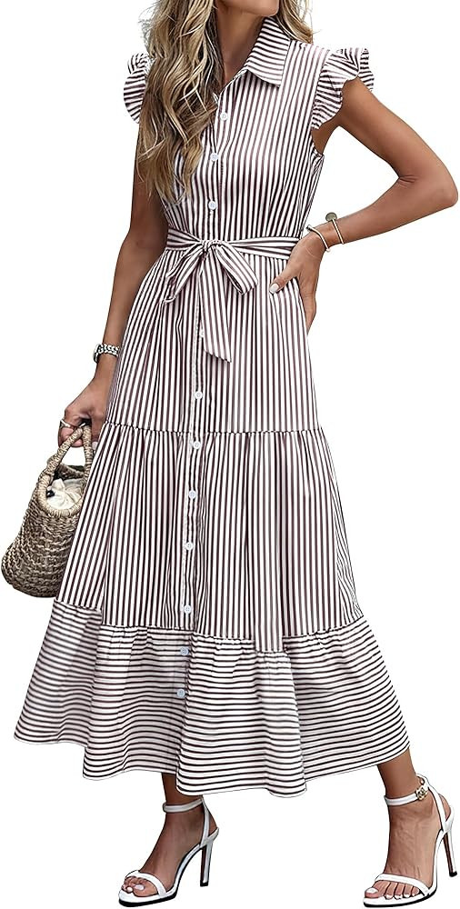 Caracilia Womens Summer Casual Ruffle Cap Sleeve Maxi Dress Button Down Striped Plaid Tie Waist V... | Amazon (US)