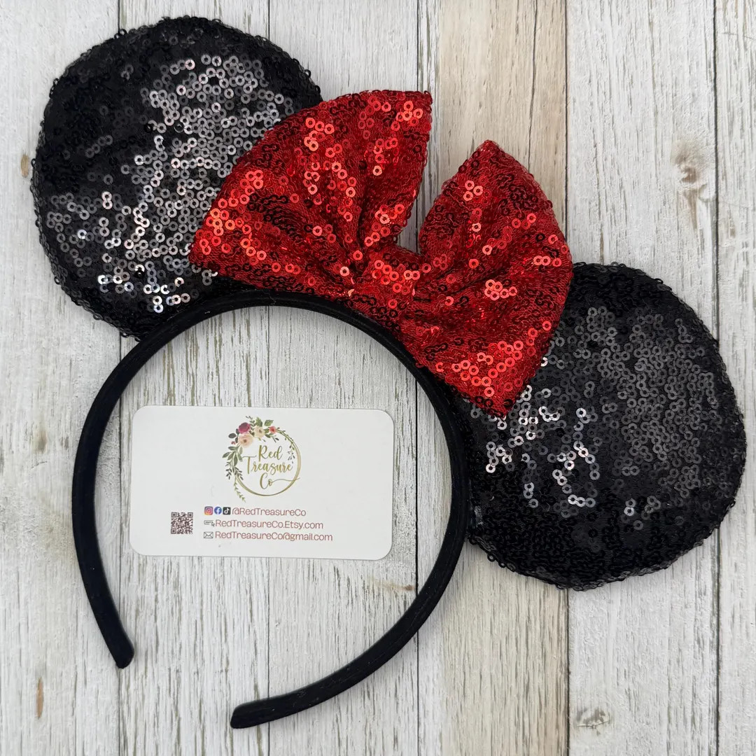 Black Sequin Mouse Ears with Red Bow, Classic Minnie Ears, Velvet Headband Ears, Sparkle Mouse Ea... | Etsy (US)