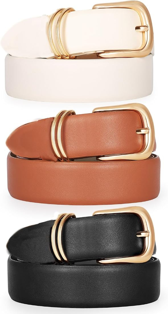 Women's Leather Belts for Jeans Dresses Ladies Waist Belt with Fashion Gold Buckle, A-Black+Brown... | Amazon (US)