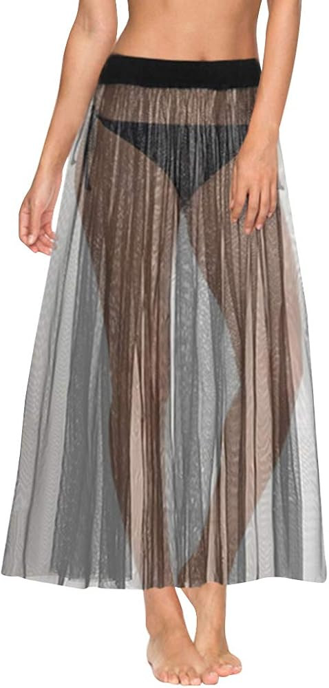 CLARA Women High Waist Mesh Maxi Skirt See-Through Beach Long Tulle Skirt Bodysuit Cover-Up | Amazon (US)