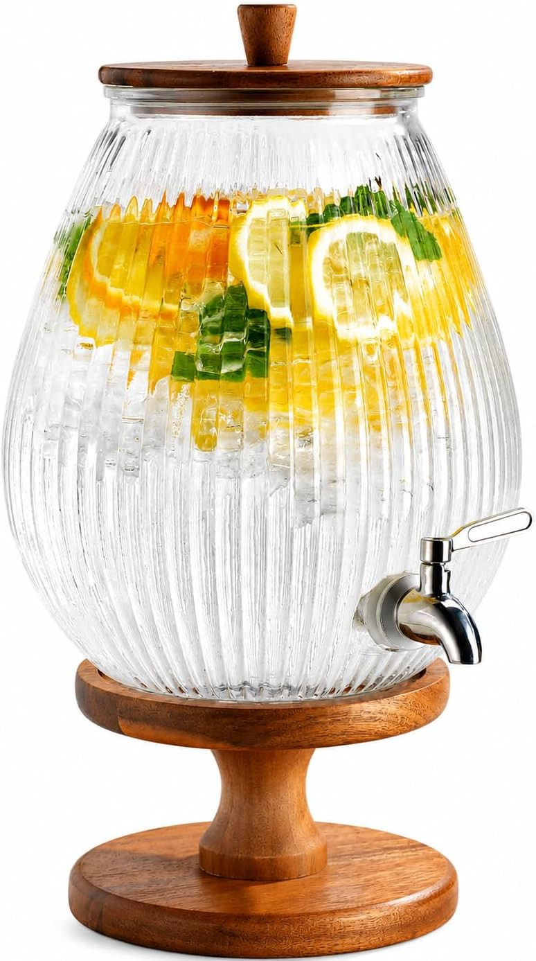 2 Gallon Drink dispenser, Glass Beverage Dispenser With Wood Stand, Large Water Drink Dispensers for Parties With Stainless Steel Spigot, Ideal for Lemonade,Juice, Tea, and Party Drinks | Amazon (US)