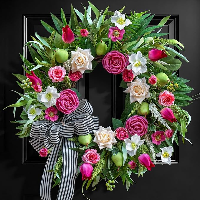 Spring Summer Wreaths for Front Door 24 Inch with Roses, Tulips & Greenery Spring Wreaths for Fro... | Amazon (US)