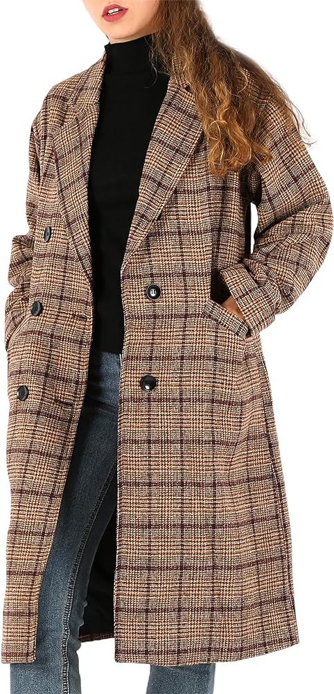 SCUSTY Women's Double Breasted Long Plaid Wool Blend Pea Coat Jacket Outerwear | Amazon (US)