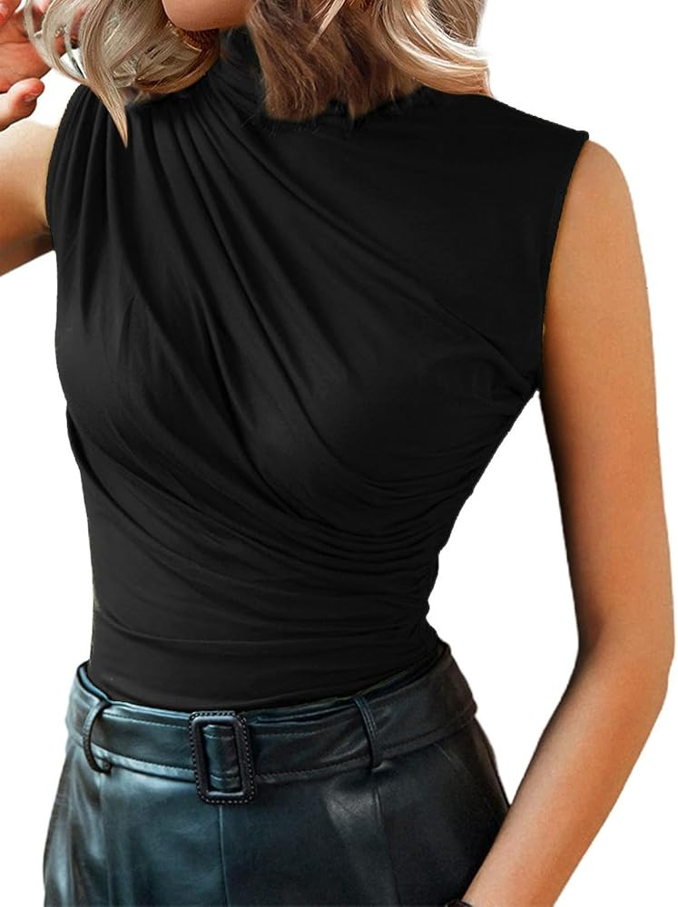 SOFIA'S CHOICE Women's Sleeveless Mock Neck Top Casual Fitted Ruched Tank Tops | Amazon (US)