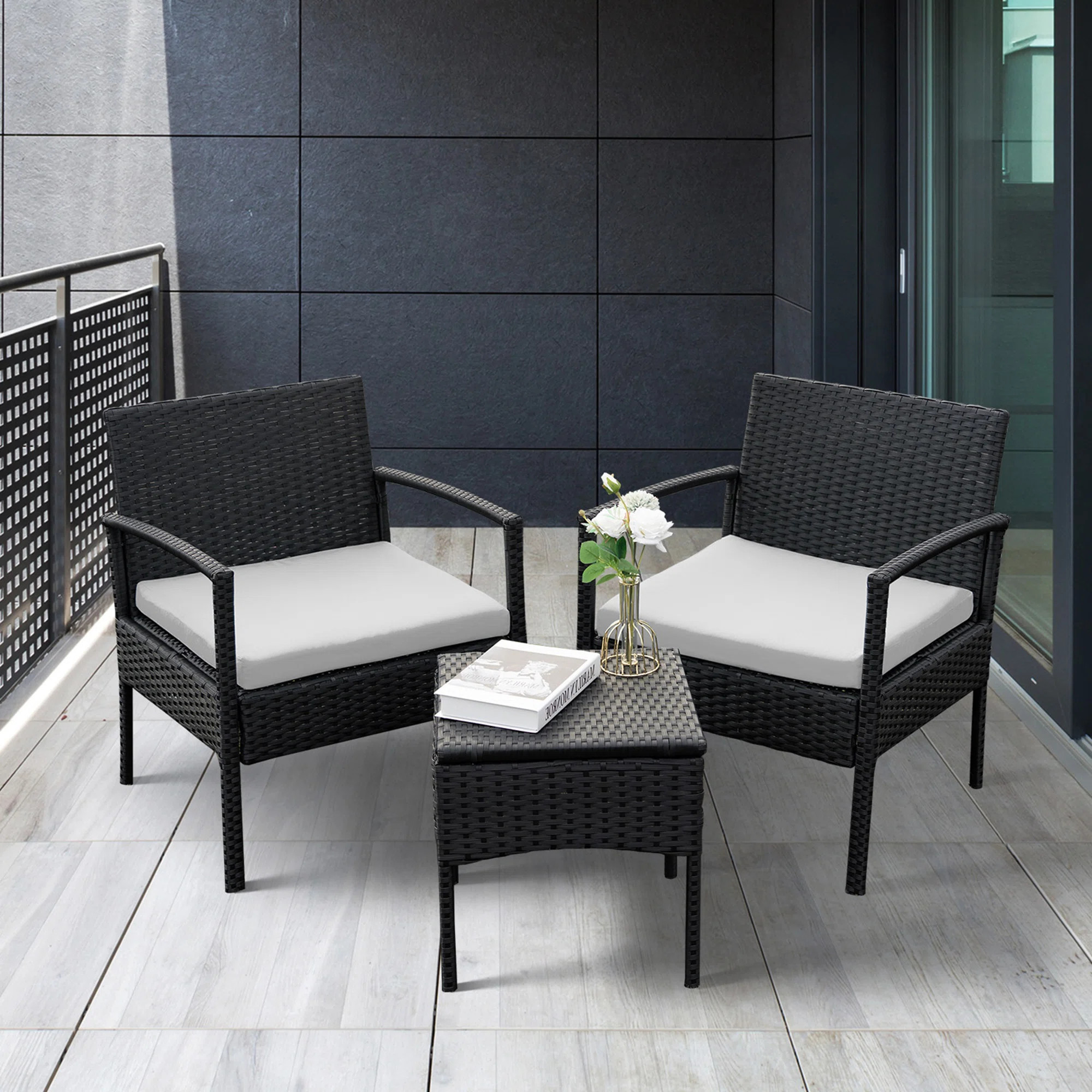 Adaleine 2-Person Patio Bistro Rattan Chair & Table Set with Cushions | Wayfair North America