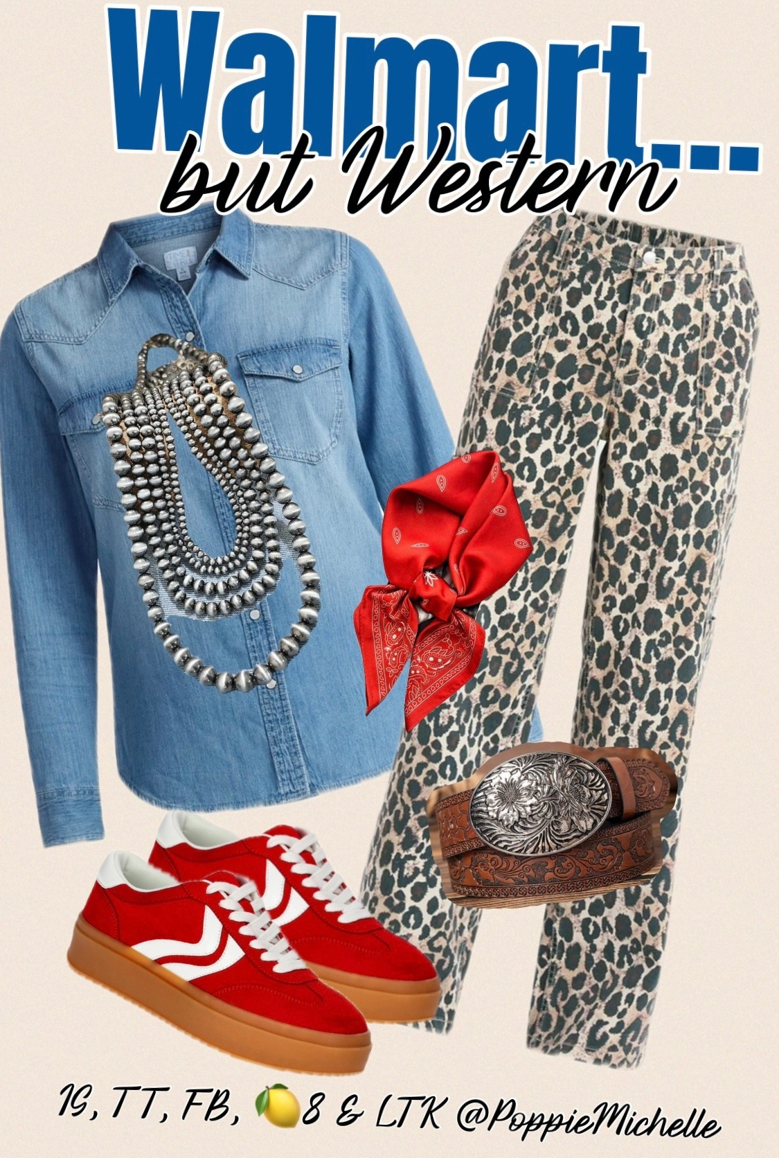 Walmart… but western 
Long sleeve denim shirt 
Blue jeans, long sleeve button-down shirt. Leopard print, cargo pants, cheetah print, cargo pants, leopard, print, long pants with pockets, red tennis shoes, red sneakers, red gum, soul, tennis shoes, red gum, soul, sneakers, red platform, sneakers, brown, cowboy belt, brown western belt with silver buckle, red bandanna, silver necklace. ￼

#LTKootd #LTKdayinmylife