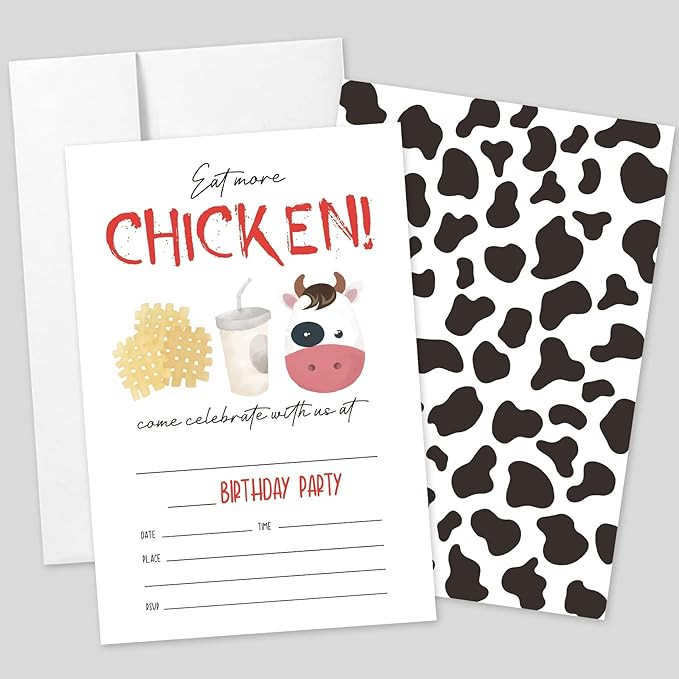 20 Sets Eat More Chicken Birthday Invitations With Envelopes,Cute Cow Fast Food Double-sided Prin... | Amazon (US)