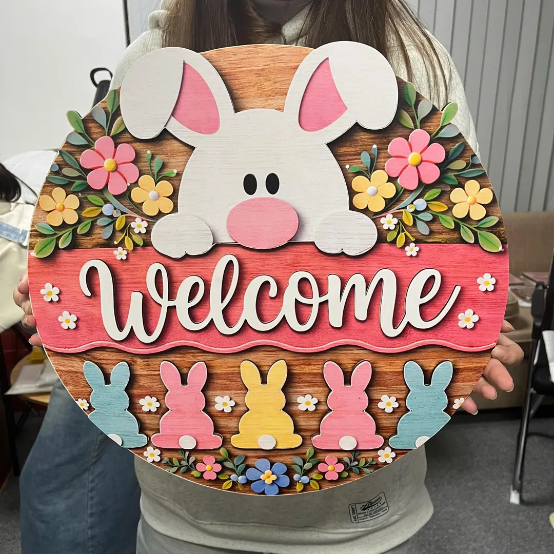 Bunny Easter Wooden Door Hanger, Pastel Egg Spring Decor - Etsy | Etsy (US)