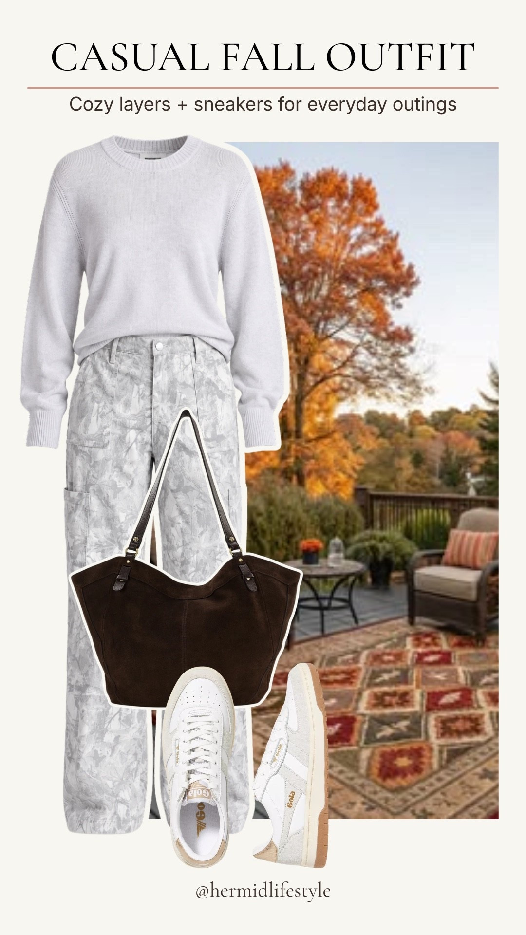 This casual fall outfit is all about comfortable layers—an easy crewneck sweater, relaxed printed cargo pants, and sneakers for everyday outings. I love how the brown tote adds a little warmth to the neutral palette.

#LTKootd #LTKSeasonal #LTKOver40