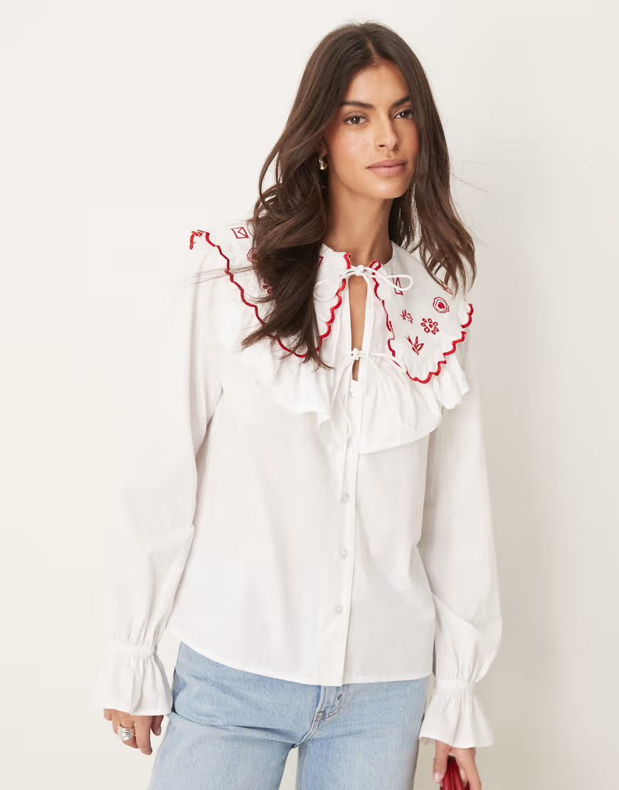 ASOS DESIGN embroidered frill collar shirt in white | ASOS (Global)