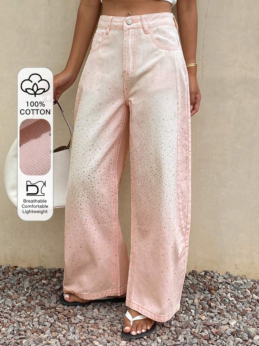 DAZY Women's Rhinestone Curved Leg Loose Pink And White Long Pants Vacation Style Jeans Night Out Summer Y2k | SHEIN