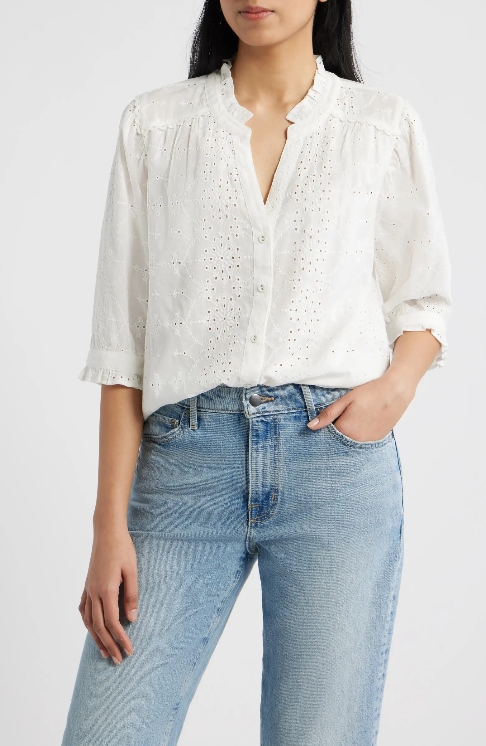 Ruffle Collar Eyelet Button-Up Shirt | Nordstrom