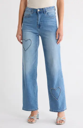 FLYING ANGEL Rhinestone Heart Straight Leg Jeans in Medium Light Wash at Nordstrom Rack, Size 3 | Nordstrom Rack