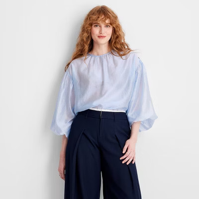 Women's Sheer Balloon Long Sleeve Blouse - Future Collective Light Blue XXS: , Crew Neck, Woven Fabric, Back Fastener | Target