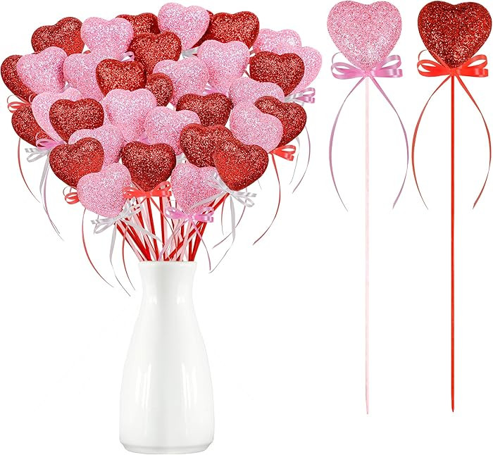 70Pcs Valentines Day Foam Heart Glitter Picks - Red Pink Sparkly Sticks for Flower Arrangements F... | Amazon (US)