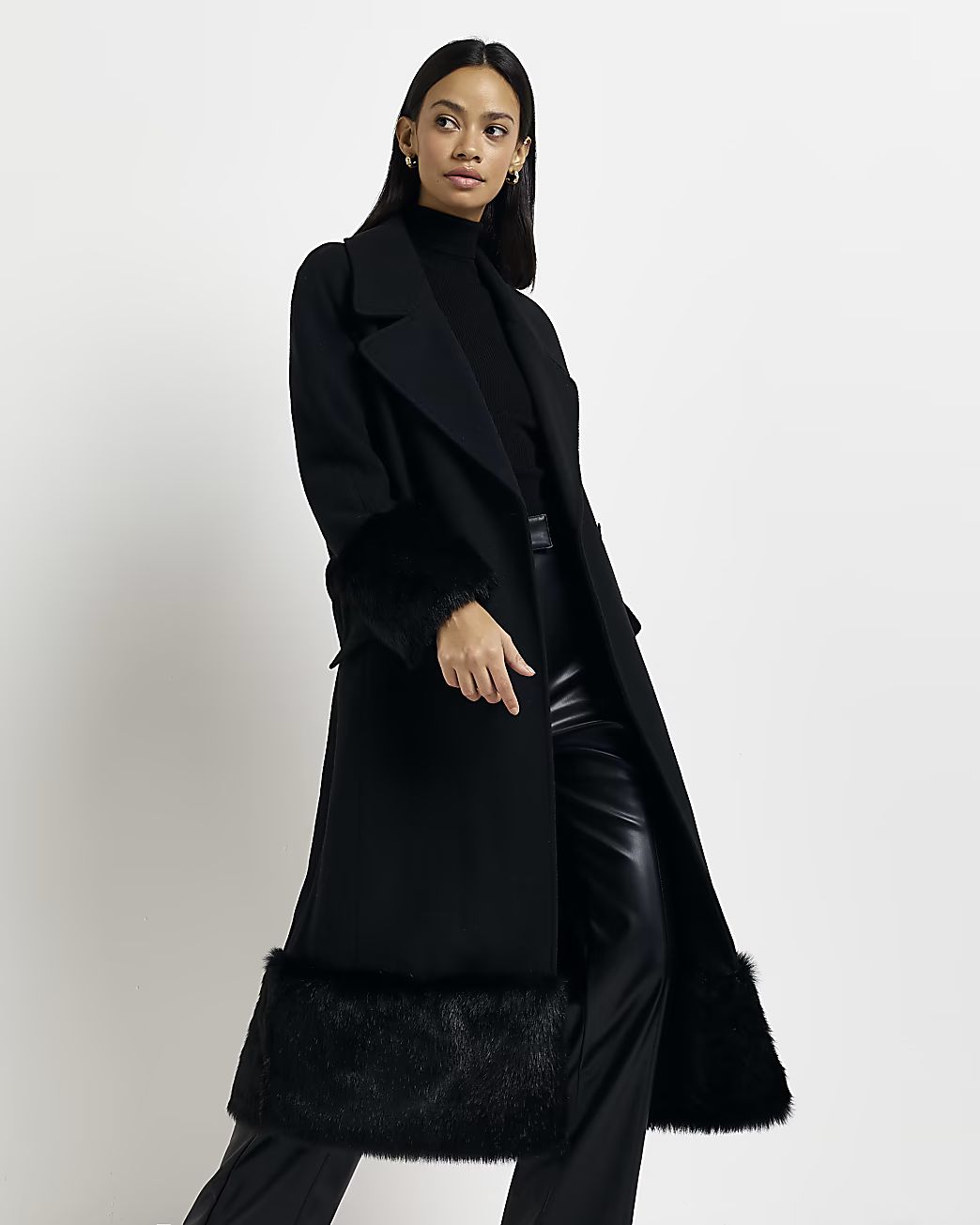 Black faux fur trim longline coat | River Island (UK & IE)