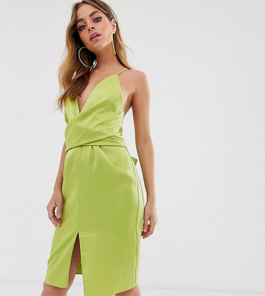 ASOS DESIGN Petite cami wrap waist midi dress in satin-Green | ASOS (Global)