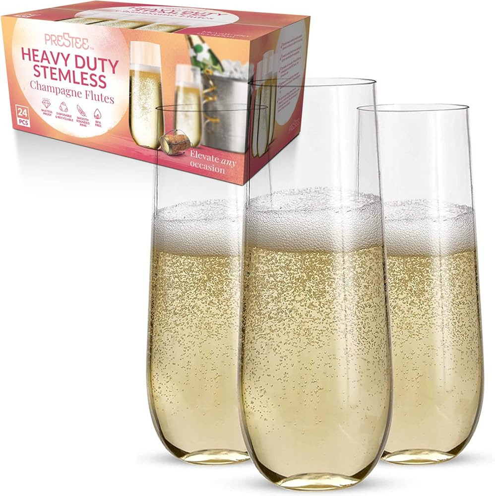 Prestee 24 Plastic Champagne Flutes (Heavy Duty), Clear Plastic Champagne Glasses Disposable for ... | Amazon (US)