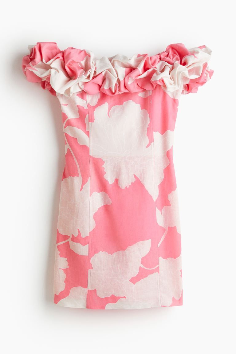 Ruffled Off-the-shoulder Dress - Light pink/floral - Ladies | H&M US | H&M (US + CA)