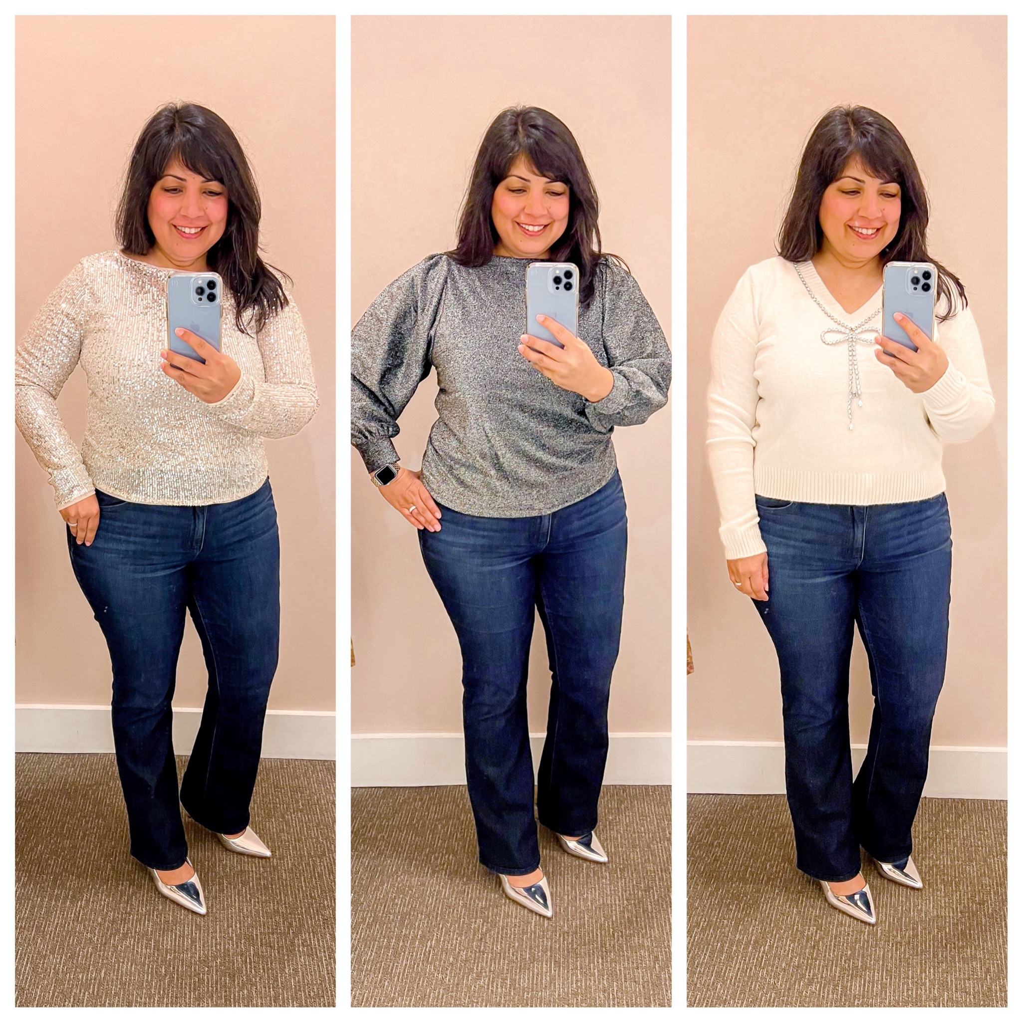 Loft Sale! 60% off 2+ styles or 50% off 1 style + free shipping!

Holiday tops that WOW! Lots of fun sparkles, shimmer and bling from Loft! Pair these tops with jeans, pants or a skirt for a fun Christmas outfit, holiday party outfit or even New Year’s Eve outfit!

Sequin long sleeve tee size large.
Metallic draped sleeve boatneck top size large petite. 
Reversible jeweled bow sweater size large petite.

Wit and wisdom bootcut jeans size 12 petite. Target silver slingback kitten heels true to size. 

#LTKParties #LTKHoliday #LTKCyberWeek