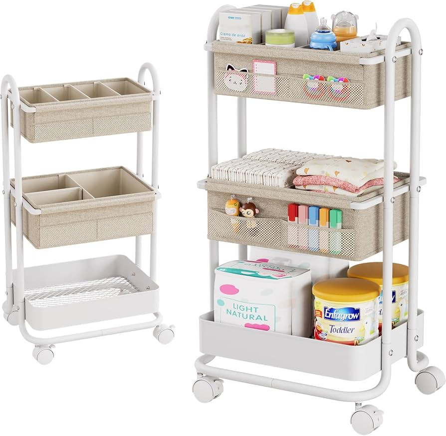 Baby Diaper Caddy Organizer Cart - 3 Tier Rolling Storage Cart with Wheels, Baby Essentials Nurse... | Amazon (US)