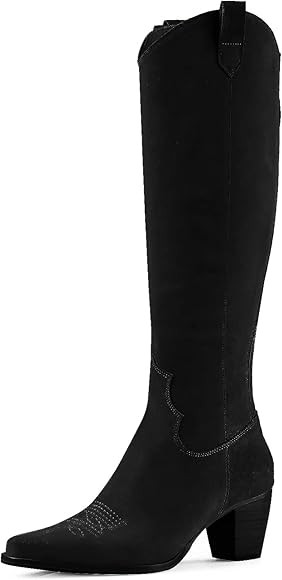 Women Cowboy Knee High Boots Suede Chunky Block Heel Square Toe Tall Riding Boots | Amazon (US)