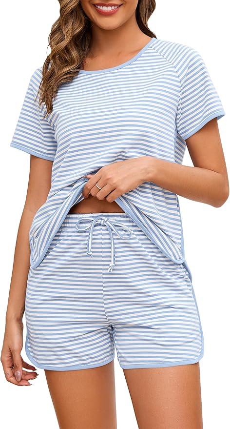 Cotton Pajama Sets for Women 2 Piece Lounge Set Stripe Pj Set Loungewear Short Sleeve Top and Sho... | Amazon (US)