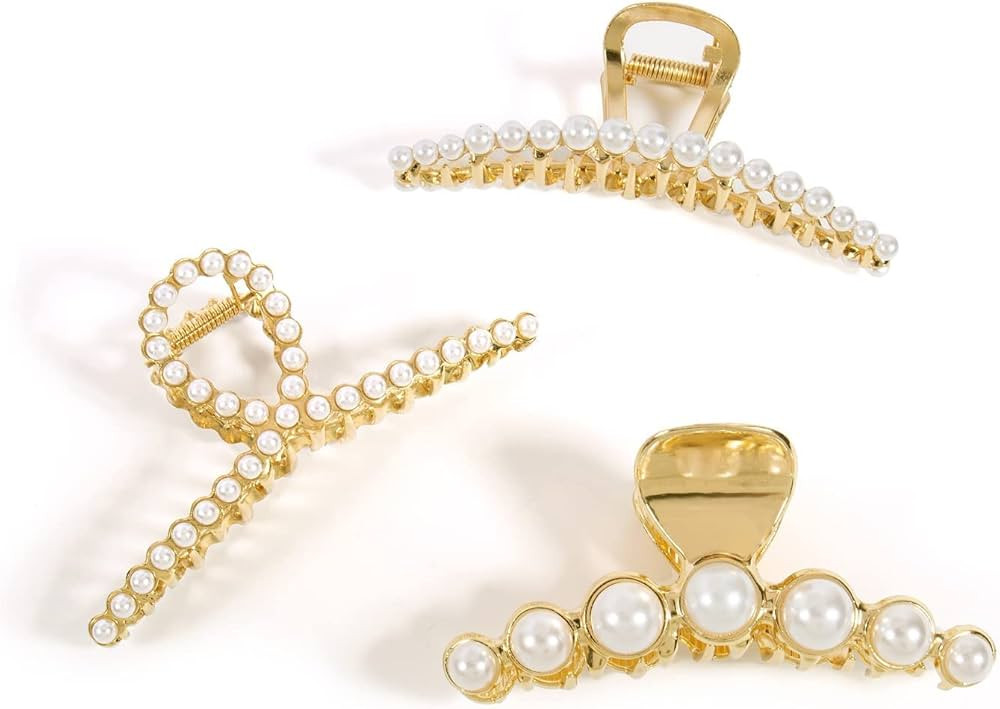 Gold Pearl Hair Clips For Women Girls Big Claw Clips For Hair Claw Clips For Thick Hair Jumbo Cla... | Amazon (US)