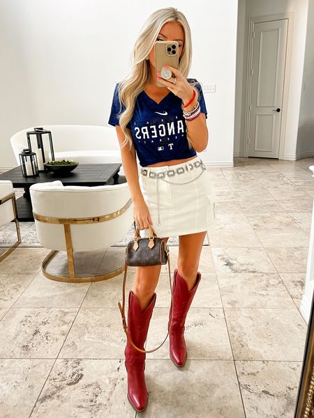Rangers game. Texas dangers. Baseball game outfit. Red western boots  

#LTKshoecrush #LTKtravel #LTKSeasonal