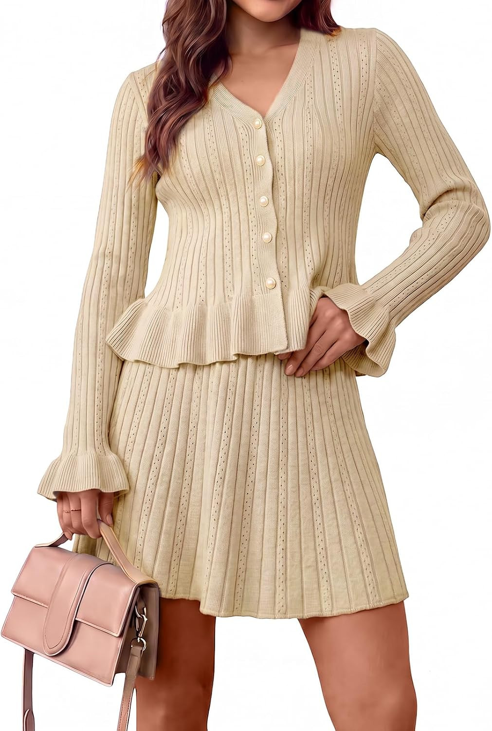 Wenrine Womens 2 Piece Set V Neck Ruffle Sweater Cardigan Mini Skirt Sets | Amazon (US)