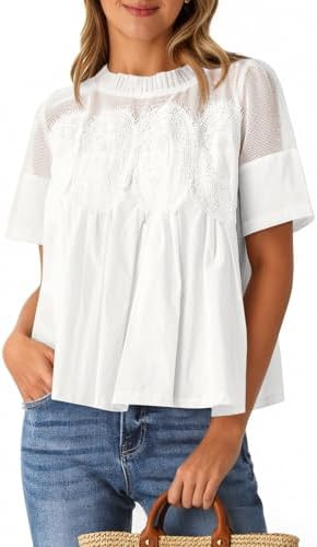 Amazon.com: Cicy Bell Womens Babydoll Lace Blouses Short Sleeve Ruffle Crew Neck Peplum Tops Dres... | Amazon (US)