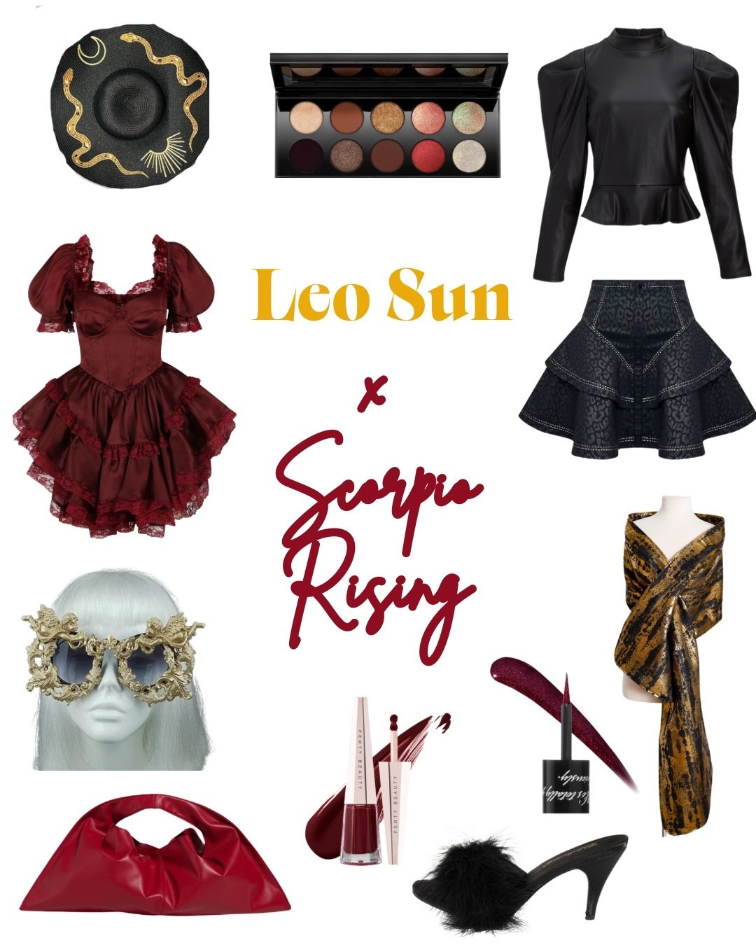 Astrology coded summer & fall style:
Leo Sun x Scorpio Rising 

☀️ Sun sign = Your primary astrology sign (when people ask “what’s your sign?” this is the one you say). Your core self & what motivates you. 

⬆️ Rising sign = How people perceive you & how you present yourself to the world. (Sun sign can be learned with birth month and day; Rising sign needs that info + location & time of birth.) 

♌️ Leo Personality - Confident, charismatic, dramatic, warm, generous, ambitious, proud, strong-willed. 

♏️ Scorpio Personality - Intense, passionate, mysterious, private, loyal, protective, determined, emotionally complex 

When this combination enters a room, it’s impossible to look away. Leo’s showy confidence and Scorpio’s seductive intensity is magnetic when combined, though while some other signs matched with Leo would be happy to exert their power on a room all night, the mysterious Scorpio’s influence makes this combo crave an immediate impact and a quick exit. Always make them want more! 

Style Guide:

- This combo is energized by shades of gold, burgundy, deep red, rust, eggplant, indigo…and of course, black. 

- When a Leo x Scorpio has had enough & wants to hide, they do it in the most public way possible so oversized hoods & floor length cloaks are wardrobe essentials. 

- Leo doesn’t mind showing off that bod & Scorpio is always down for a seductive moment so stock up on Bodycon dresses, stilettos, and skirts with slits up the side. 

- Scorpio adds a dark, edgy side to Leo’s sleek polish so leather or vinyl pieces typically get a lot of play

Other must-have pieces: Thigh high boots, silky button up blouses, items with mesh, hidden pockets, or sheer elements (Scorpio loves mystery). 

#ScorpioSeason #ootd #fallstyle 