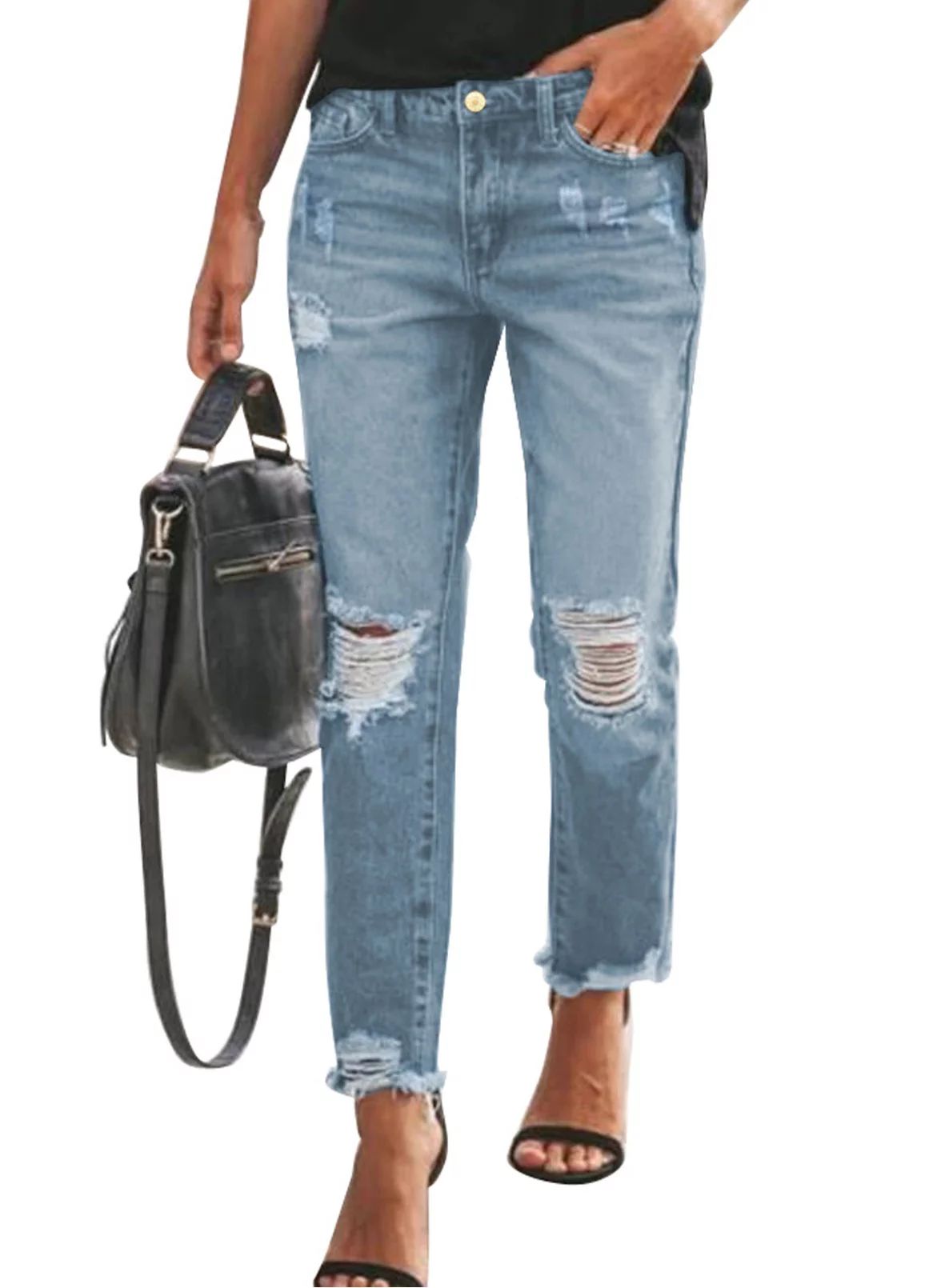 HOTAPEI Women's Ripped Straight Jeans Boyfriend Distressed Holes Frayed Denim Pants Size S - Walm... | Walmart (US)