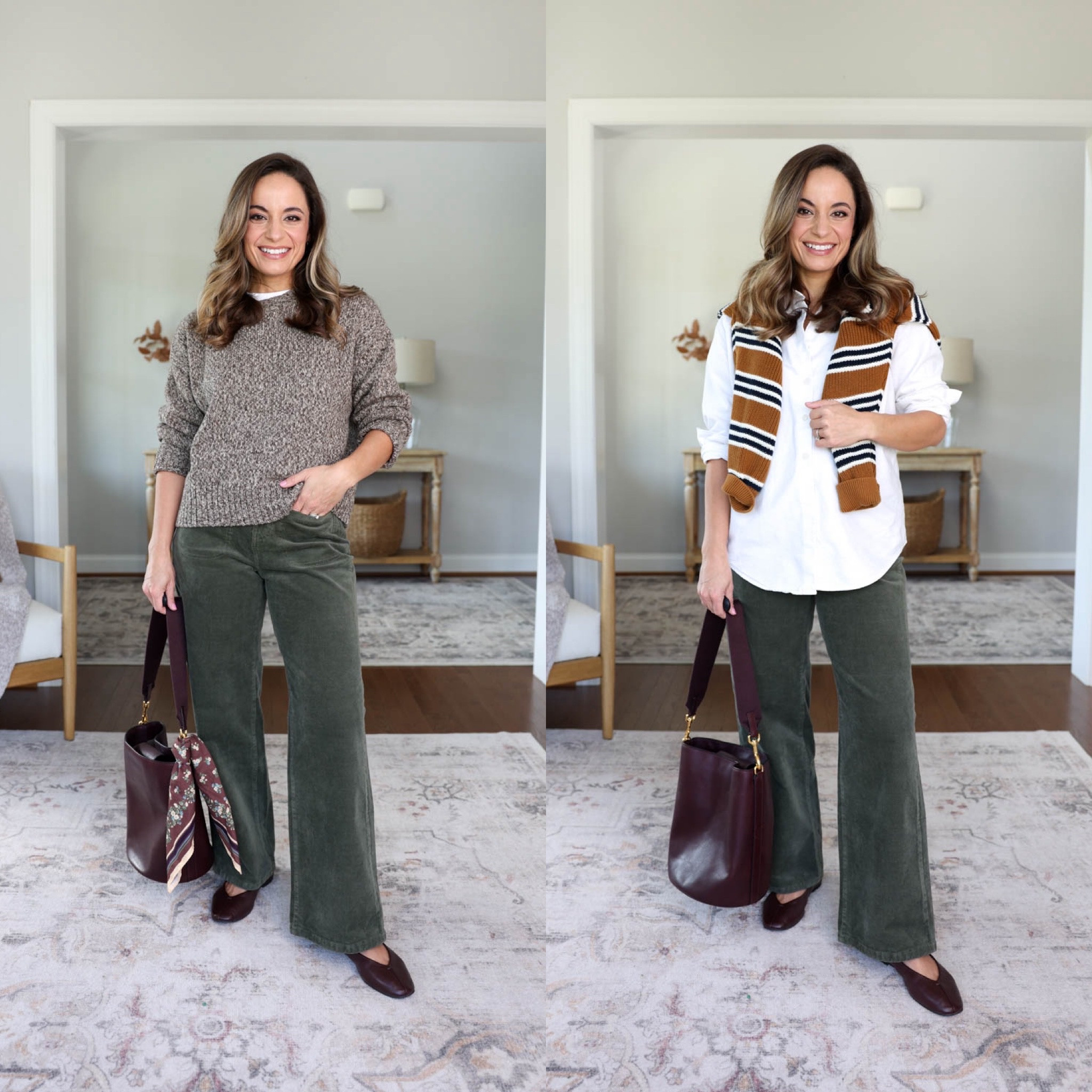 The fall 2026 casual capsule wardrobe series: olive pants styled ten ways

Corduroy Pants (BR Factory): petite 25 / 10” rise / 27.5” inseam 

Gray Cardigan (Quince): xs 
Striped Sweater (Madewell): xs 
Brown Marled Sweater (Gap): petite xs 
White Sweater (Gap): petite xs 
White T-Shirt (Old Navy): petite xs 
Denim Top (Target): small (sized up) 
White Button Down (Quince): xs 
Orange Top (Madewell): xxs 
Ecru Jeans (Madewell): 24 / 10 7/8” rise / 27” inseam (they also come in petite with a 10 3/8” rise / 25” inseam) 
Dark Wash Jeans (J.Crew Factory): petite 24 / 10” rise / 28” inseam 
Corduroy Dress (J.Crew): 00 (also comes in petite) 
Green Jacket (Ann Taylor): petite xxs 
Field Jacket (Madewell): xxs 
Corduroy Skirt (Gap Factory): 25 - sized up 

Included shoes are all true to size 

For size comparison, I’m 4’10” 105lbs. My measurements are 32”, 24”, 36”. I typically wear petite xxs/00/24 and have a 25” ankle inseam and a 27.5-28” full length inseam.

#LTKPetite