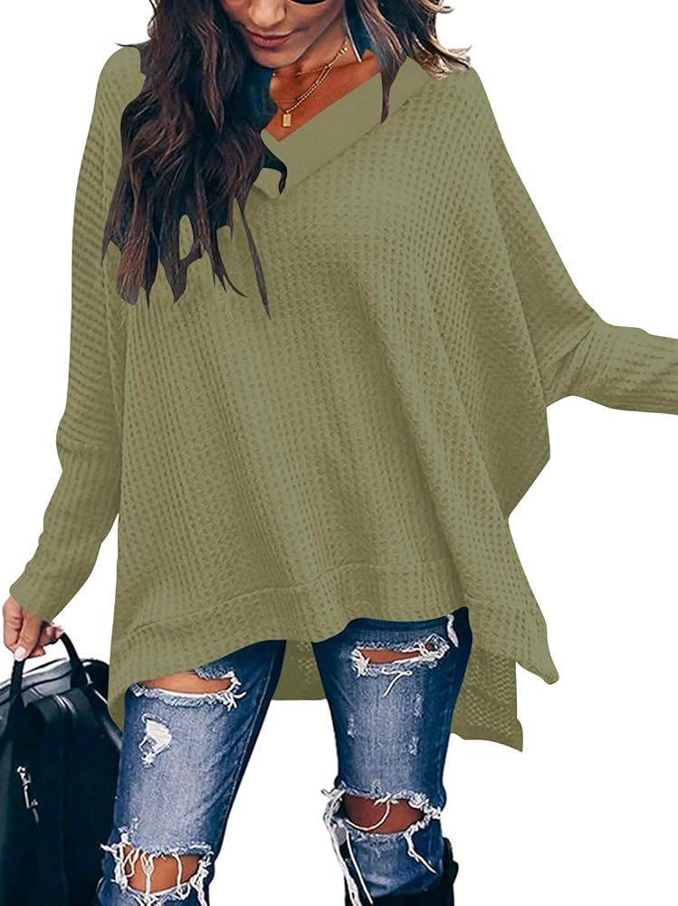 Women Oversized Off Shoulder V Neck Batwing Sleeve High Low Slit Waffle Knit Casual Sweater | Amazon (US)