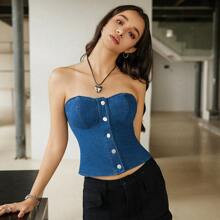 Minimalistischer, sexy und modischer ausgewaschener blauer Denim-Bustier mit Metallschnalle und Taillengürtel für Damen | SHEIN