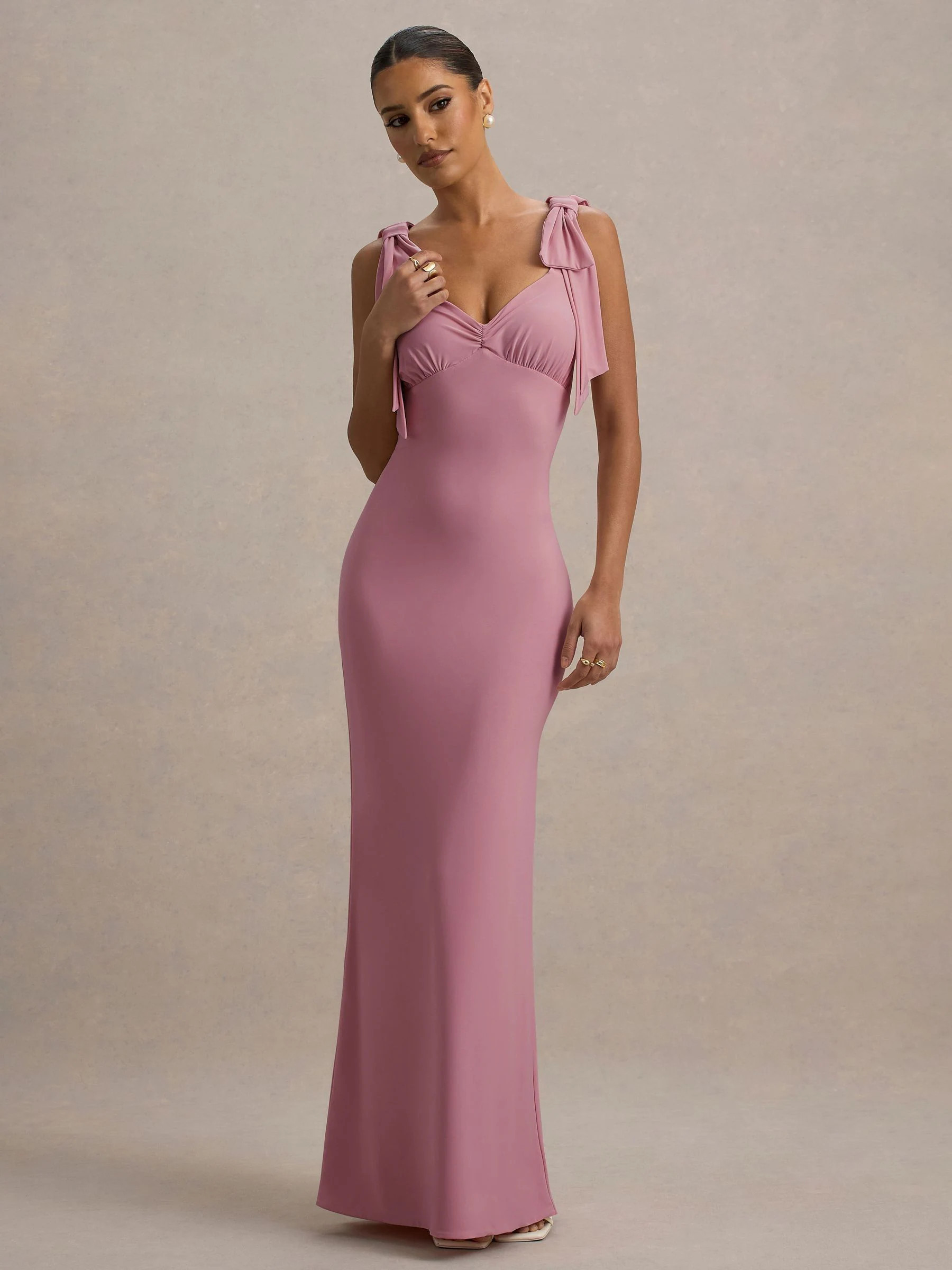 Club L London Club L London Pink Evanna V-Neck Maxi Dress With Bow Straps | Next US