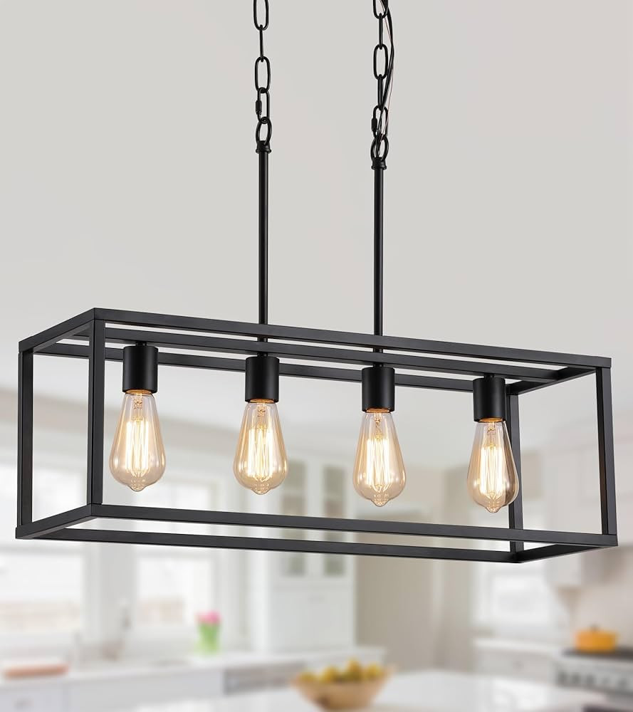 AMZASA Black Rectangle Island Lighting Rectangular Modern Industrial Chandelier 4 Lights Linear V... | Amazon (US)