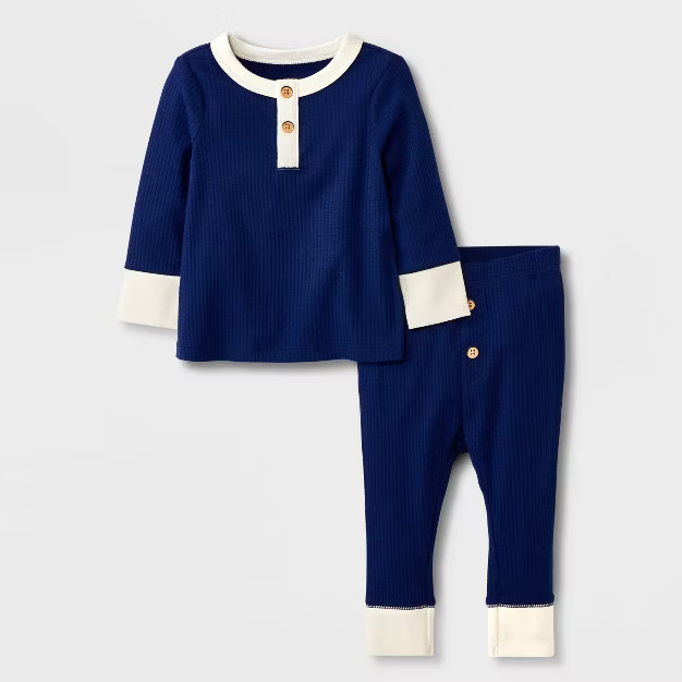 Baby Boys' 2pc Ribbed Henley Top & Bottom Set - Cat & Jack™ Navy Blue | Target
